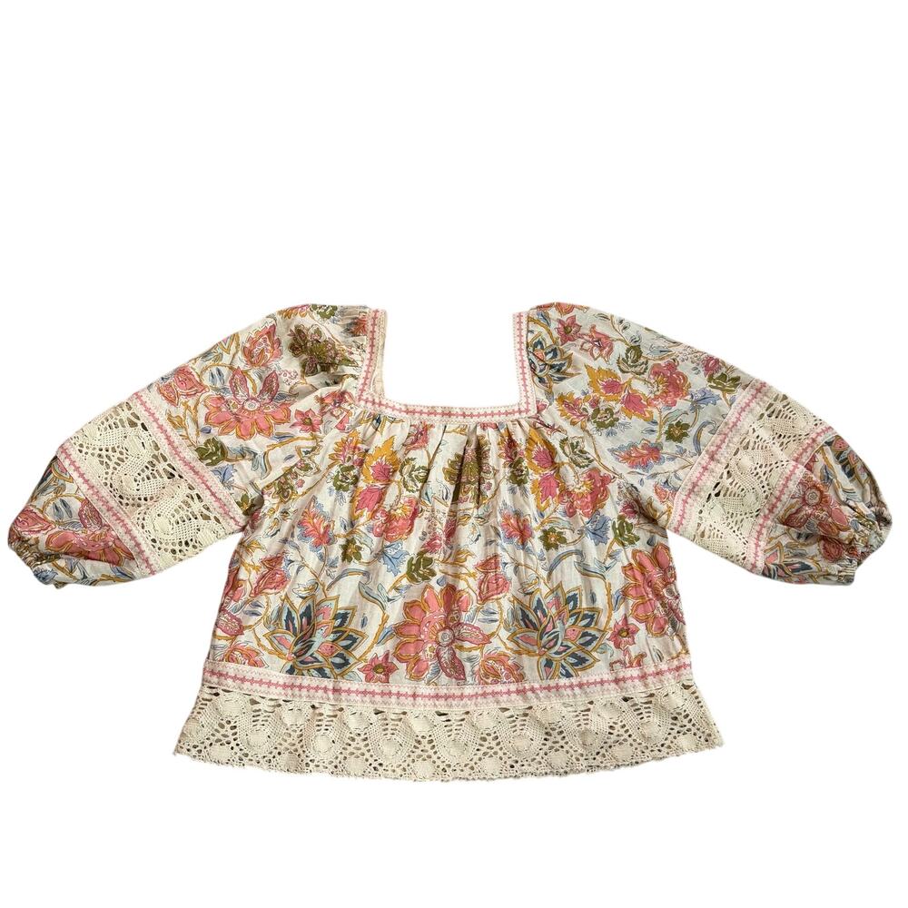 Christian Siriano Floral Peasant Blouse Crochet Lace Trim Linen Blend Small - Picture 3 of 10